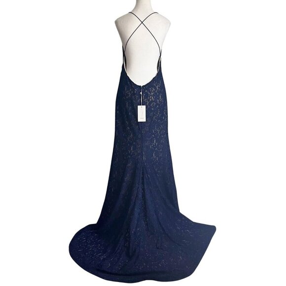 NWT JOIE NAVY GLITTER LACE SCALLOPED SLIT TRAIN EVENING GOWN - L - Picture 1 of 9